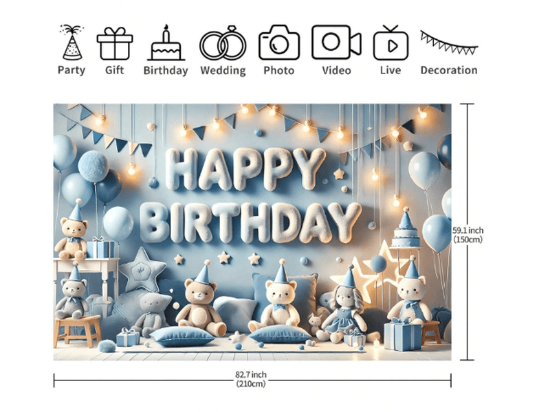 Bannière de fond d'anniversaire avec joyeux ours en peluche, thème bleu, en polyester,210X150cm
