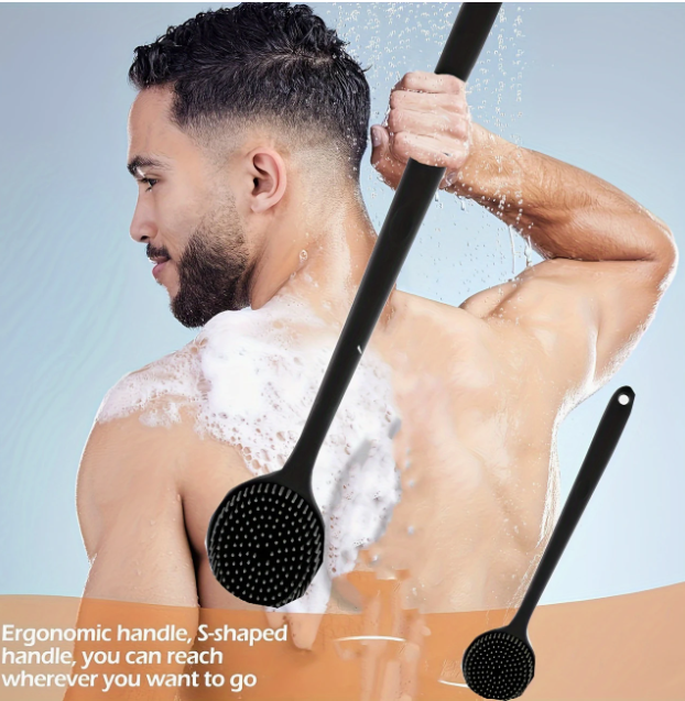 Brosse à Dos Longue Manche en Silicone Doux - Noir