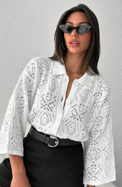 RueChic Cardigan Ajouré Épaule tombante À Bouton - Taille L