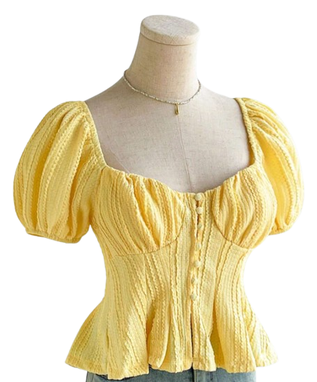 Soleia T-shirt de couleur mode jaune à texture à manches courtes bulle mignon pour femmes taille XL