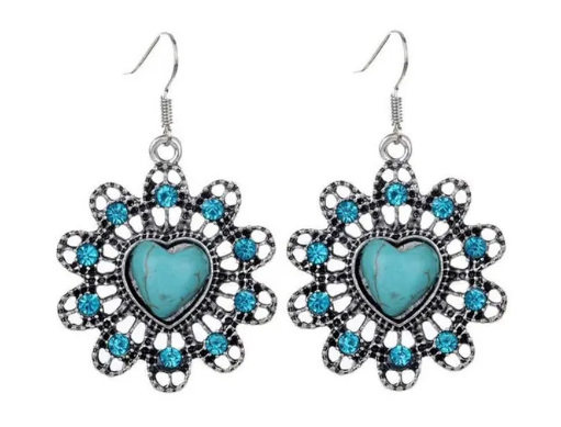 Set pendentif, boucles et chaîne cœur bleu