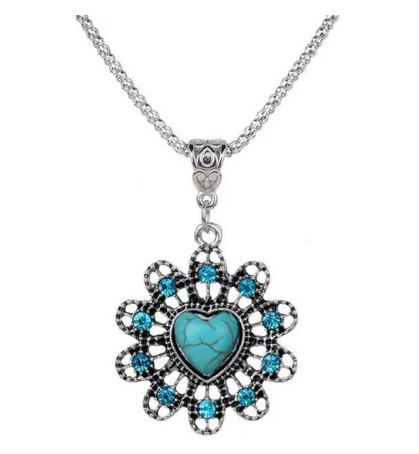 Set pendentif, boucles et chaîne cœur bleu