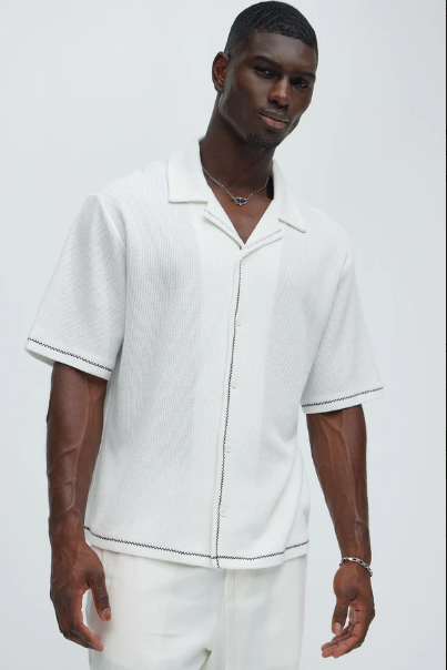 Chemise cubaine à manches courtes et texture ondulée - Blanc cassé M