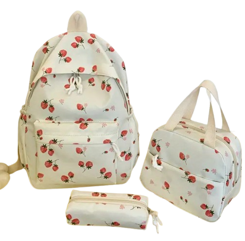Sac à dos Élégant avec motif fraises ,avec Sac à lunch et Petite trousse en Tissu Durable avec Coutures Renforcées