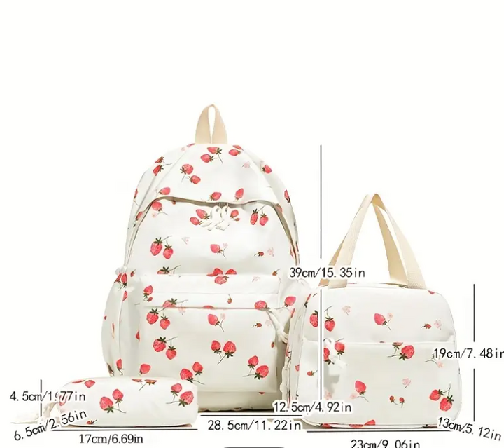 Sac à dos Élégant avec motif fraises ,avec Sac à lunch et Petite trousse en Tissu Durable avec Coutures Renforcées