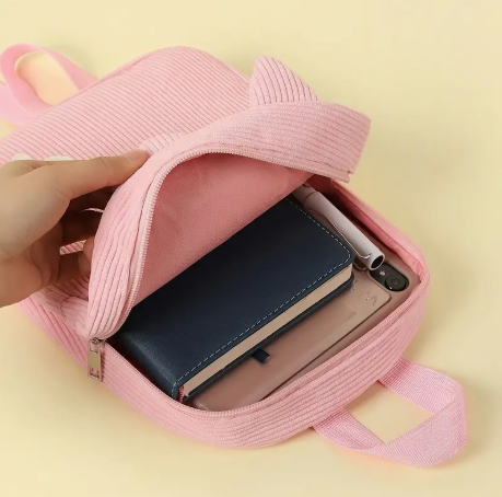 Sac à Dos Velours Côtelé – Patte de Chat Brodée Beige Rose