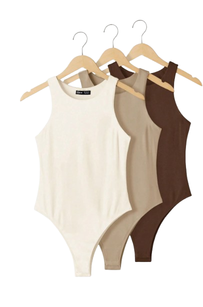 Body moulant tricoté de couleur unie à col rond et sans manches, 3 Pièces
