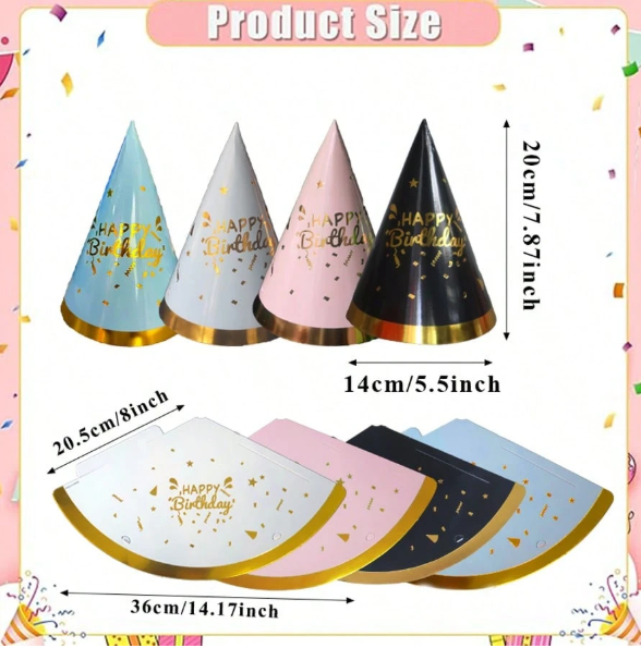 chapeaux de fête d'anniversaire en forme de cône, lumineux et colorés- 6 PCS
