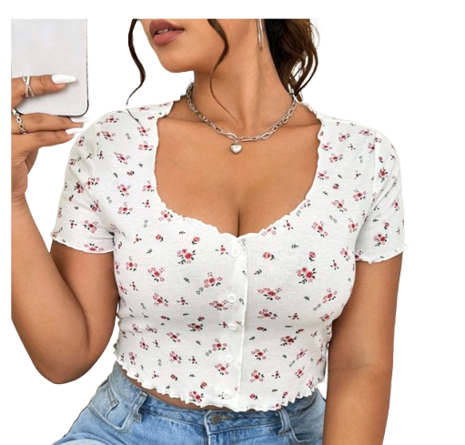 Solflare Tee-shirt court à imprimé floral ditsy avec bordure de laitue - Taille XL