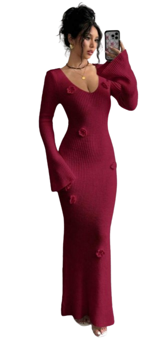 ELENZGA – Robe-Pull Longue Femme Col V Floral Taille XS