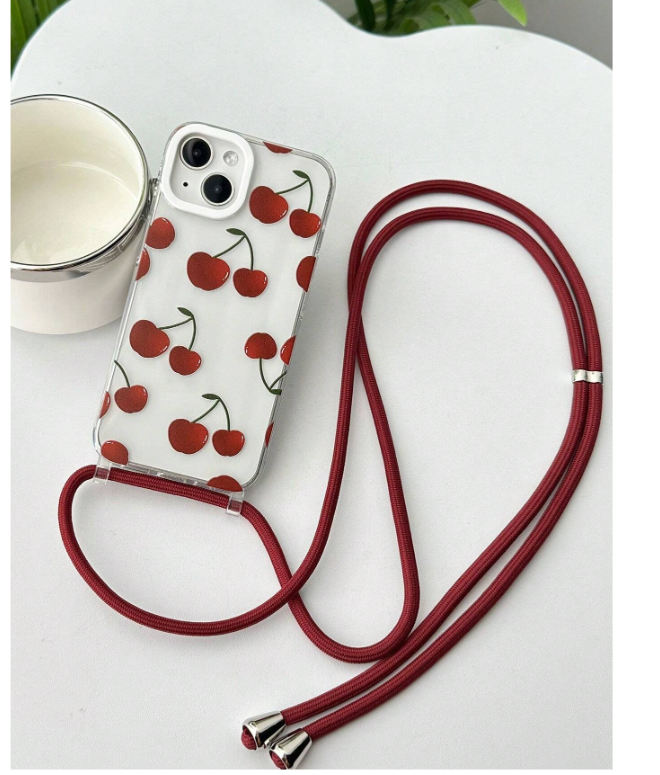 Coque de téléphone souple en TPU à motif cerise avec 1 pièce de bandoulière-  iPhone 14 Pro