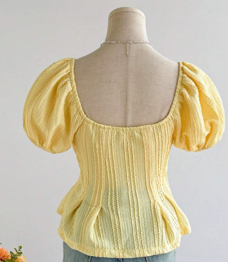 Soleia T-shirt de couleur mode jaune à texture à manches courtes bulle mignon pour femmes taille XL