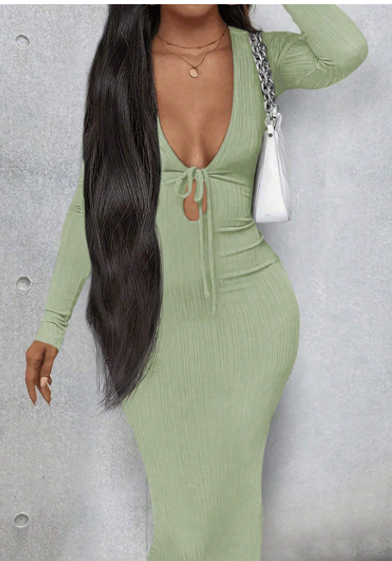 VaVaBold Robe longue texturée à encolure en V, dos nu et fendue pour femme taille L