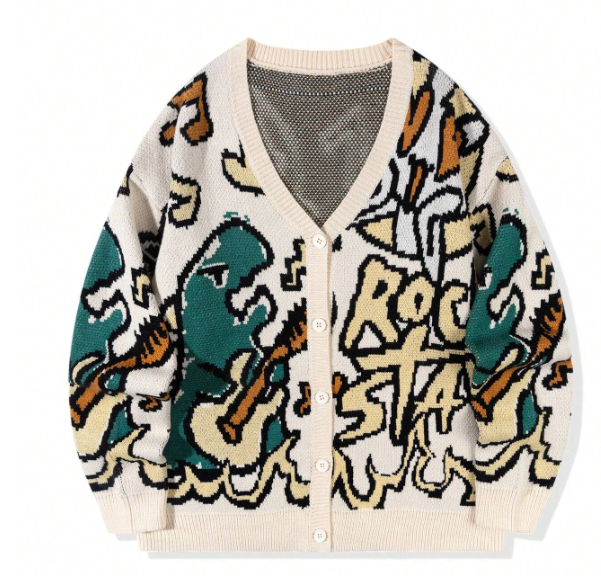 ricot ample à col en V avec boutons et imprimé de lettres et de dinosaures de mode urbaine,taille XL