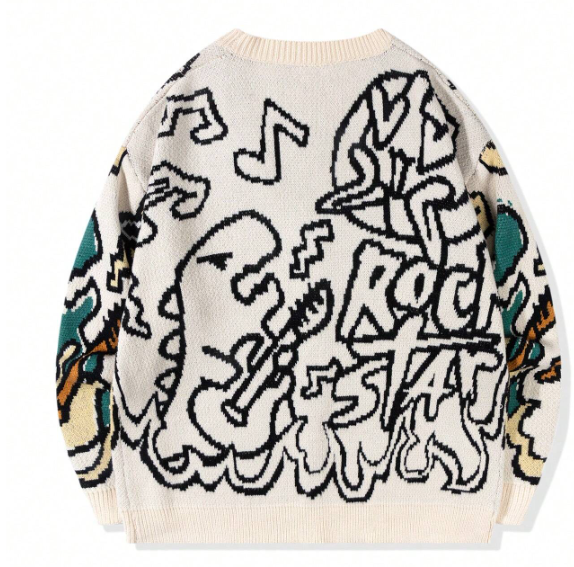 ricot ample à col en V avec boutons et imprimé de lettres et de dinosaures de mode urbaine,taille XL