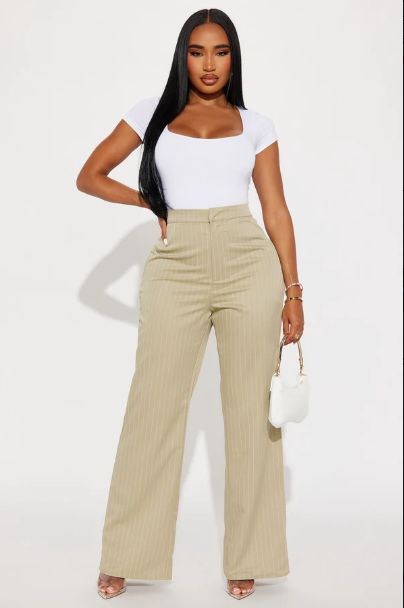 fashionnova Pantalon tailleur bas large Vert a rayure - M