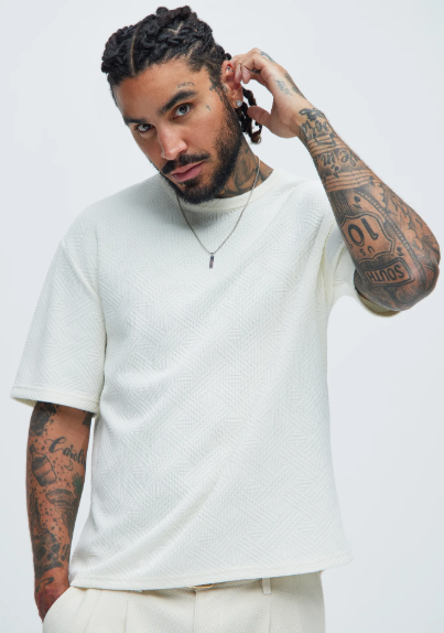 T-shirt texturé à manches courtes - Blanc cassé - L