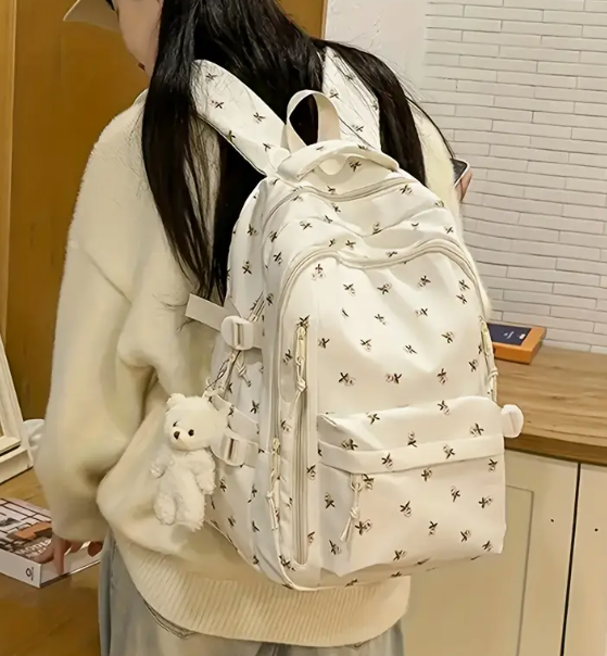 Sac à Dos d’École en Nylon – Multiples Compartiments Blanc Cassé