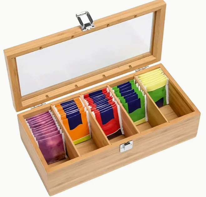 Boîte de Rangement pour Thé en Bambou à 5 Compartiments avec Fenêtre en Acrylique