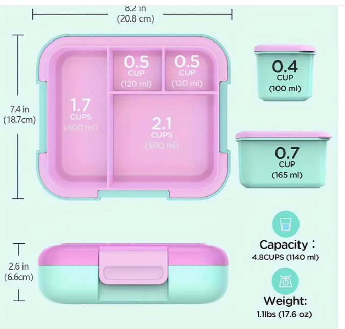 Boîte Bento Caperci  avec Deux Contenants Modulaires - 4 Compartiments, bleu