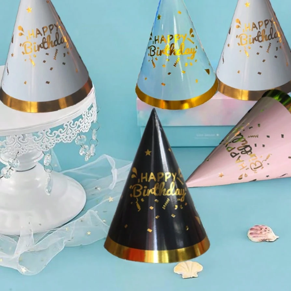 chapeaux de fête d'anniversaire en forme de cône, lumineux et colorés- 6 PCS