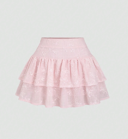 Sweetra Jupe mini évasée à volants à double couche en jacquard rose doux de style français, printemps/été Taille S