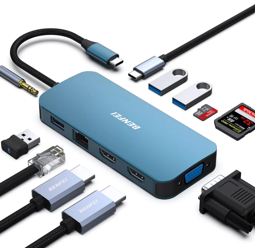 BENFEI 11-en-1 avec hub USB-C, triple affichage, double HDMI, VGA, 3 ports USB 3.0, Ethernet 1 Gbit/s, alimentation 100 W, lecteur de cartes SD/TF, entrée audio auxiliaire 3,5 mm