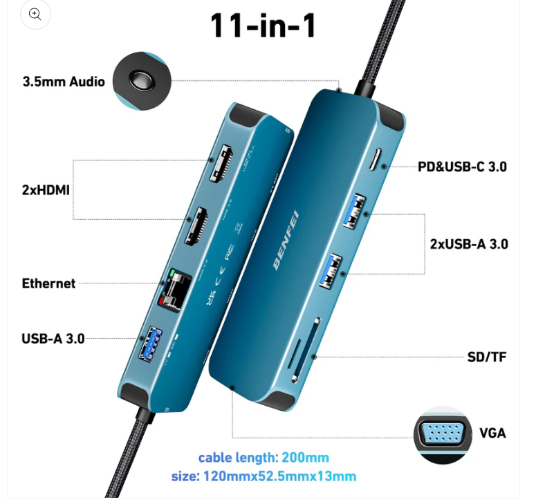 BENFEI 11-en-1 avec hub USB-C, triple affichage, double HDMI, VGA, 3 ports USB 3.0, Ethernet 1 Gbit/s, alimentation 100 W, lecteur de cartes SD/TF, entrée audio auxiliaire 3,5 mm