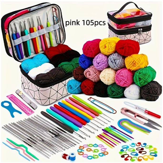 Kit de Crochet Complet 105 pcs – Laine, Crochets, Aiguilles &amp; Accessoires avec Sac de Rangement