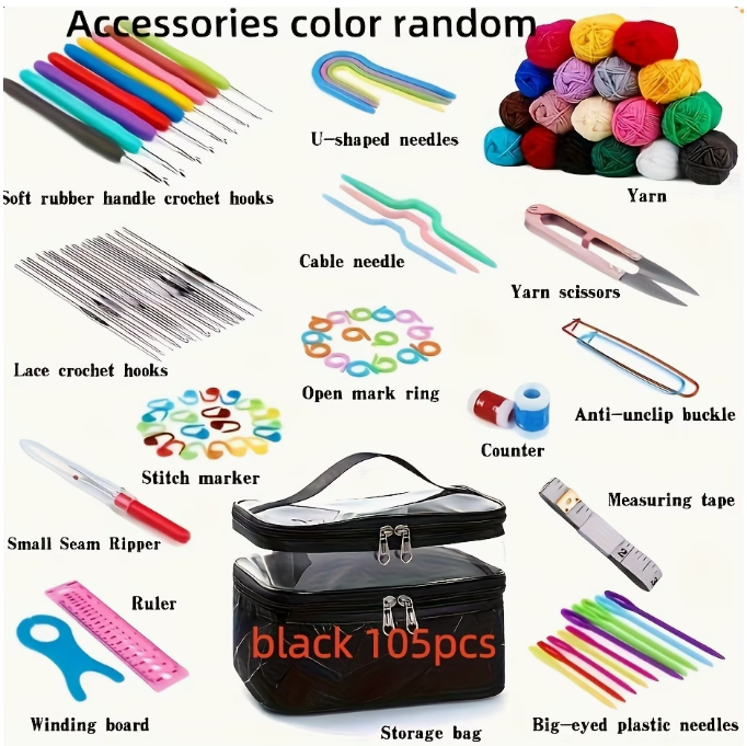 Kit de Crochet Complet 105 pcs – Laine, Crochets, Aiguilles &amp; Accessoires avec Sac de Rangement