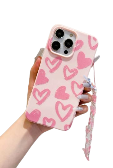 Coque de téléphone choc avec cordon, design esthétique rose avec décoration coeur rose bonbon - iPhone 13