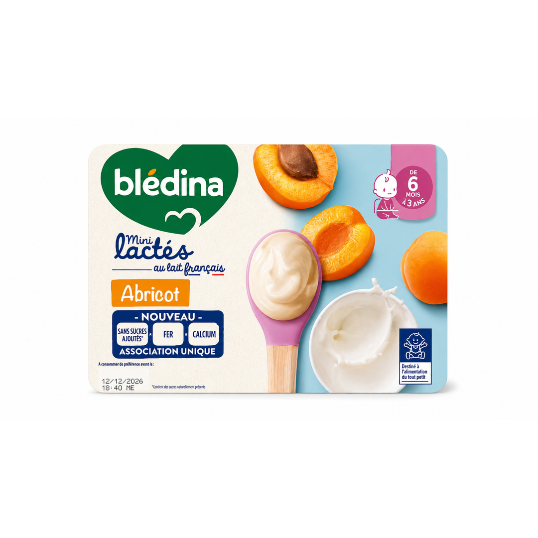 BLEDINA – Mini Lactés au Lait Français Sans Sucres Ajoutés – Saveur Abricot – Dès 6 Mois à 3 Ans – 6 x 55 g