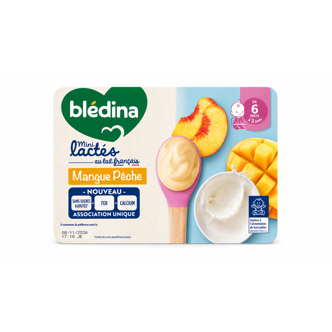 BLEDINA – Mini Lactés au Lait Français Sans Sucres Ajoutés – Saveur Mangue & Pêche – Dès 6 Mois à 3 Ans – 6 x 55 g