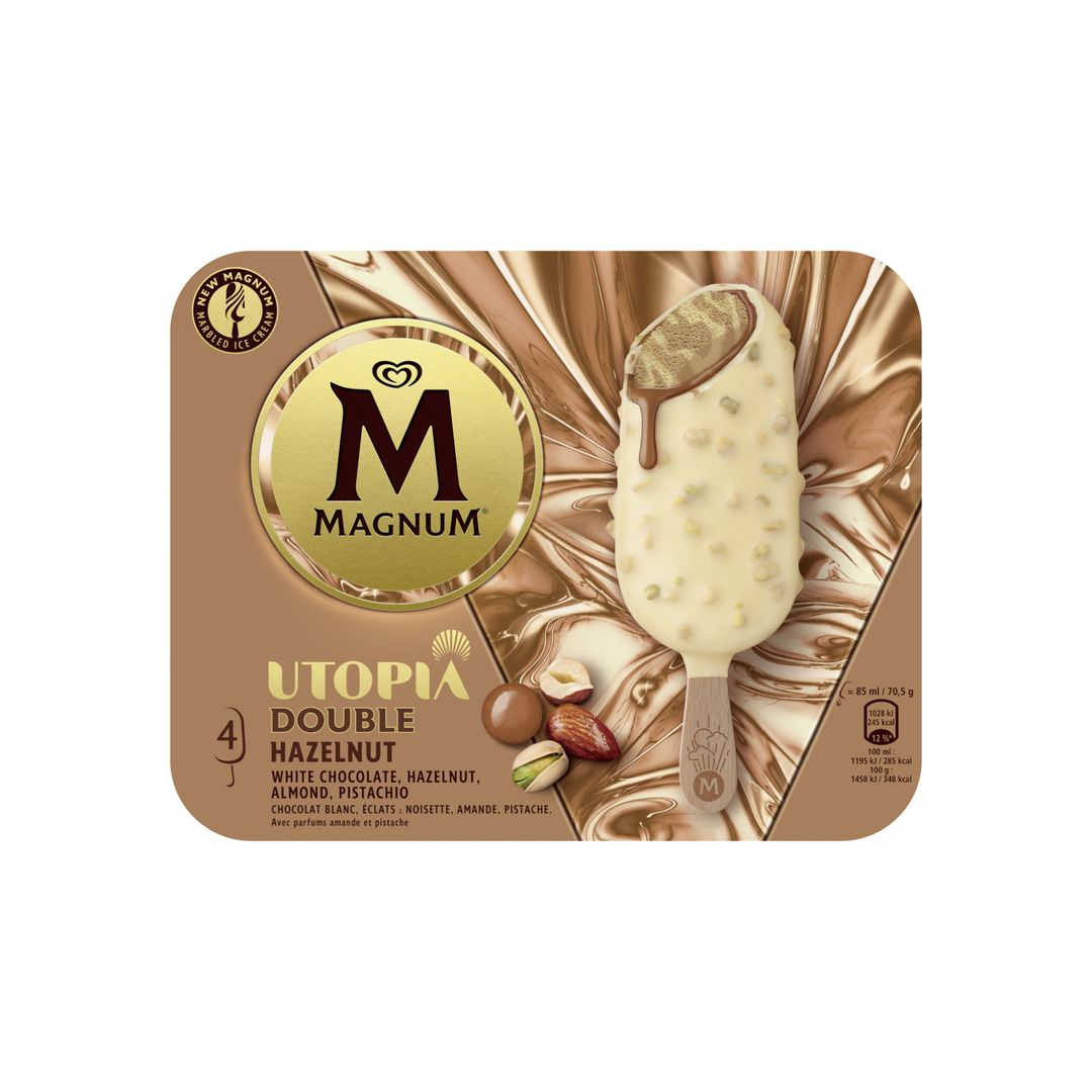 Magnum – Utopia Double Hazelnut – Chocolat blanc, éclats de noisette, amande & pistache x4 – 340 ml