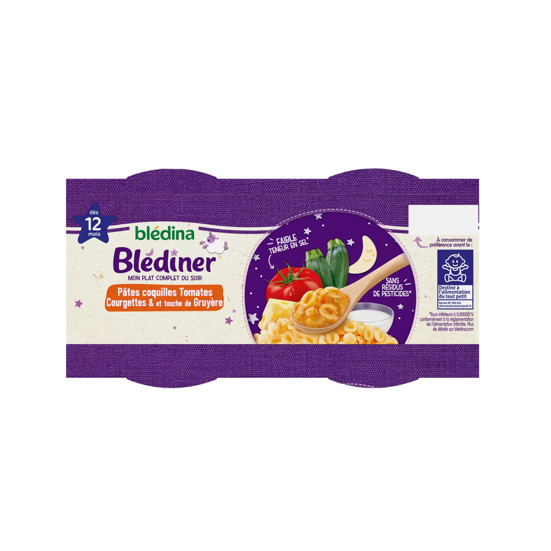 BLEDINA – Blédîner Pâtes Coquilles Tomates, Courgettes & Touche de Gruyère dès 12 Mois – Lot de 2 – 400 g