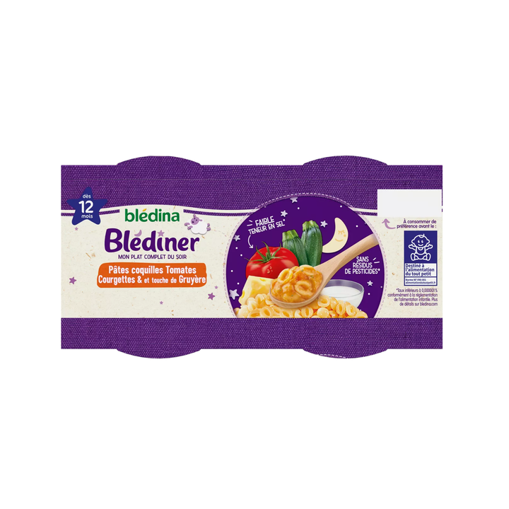 BLEDINA – Blédîner Pâtes Coquilles Tomates, Courgettes & Touche de Gruyère dès 12 Mois – Lot de 2 – 400 g