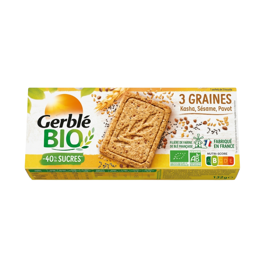 Gerblé – Biscuit Bio 3 Graines Kasha, Sésame & Pavot - 132 g - (-40% de sucres)