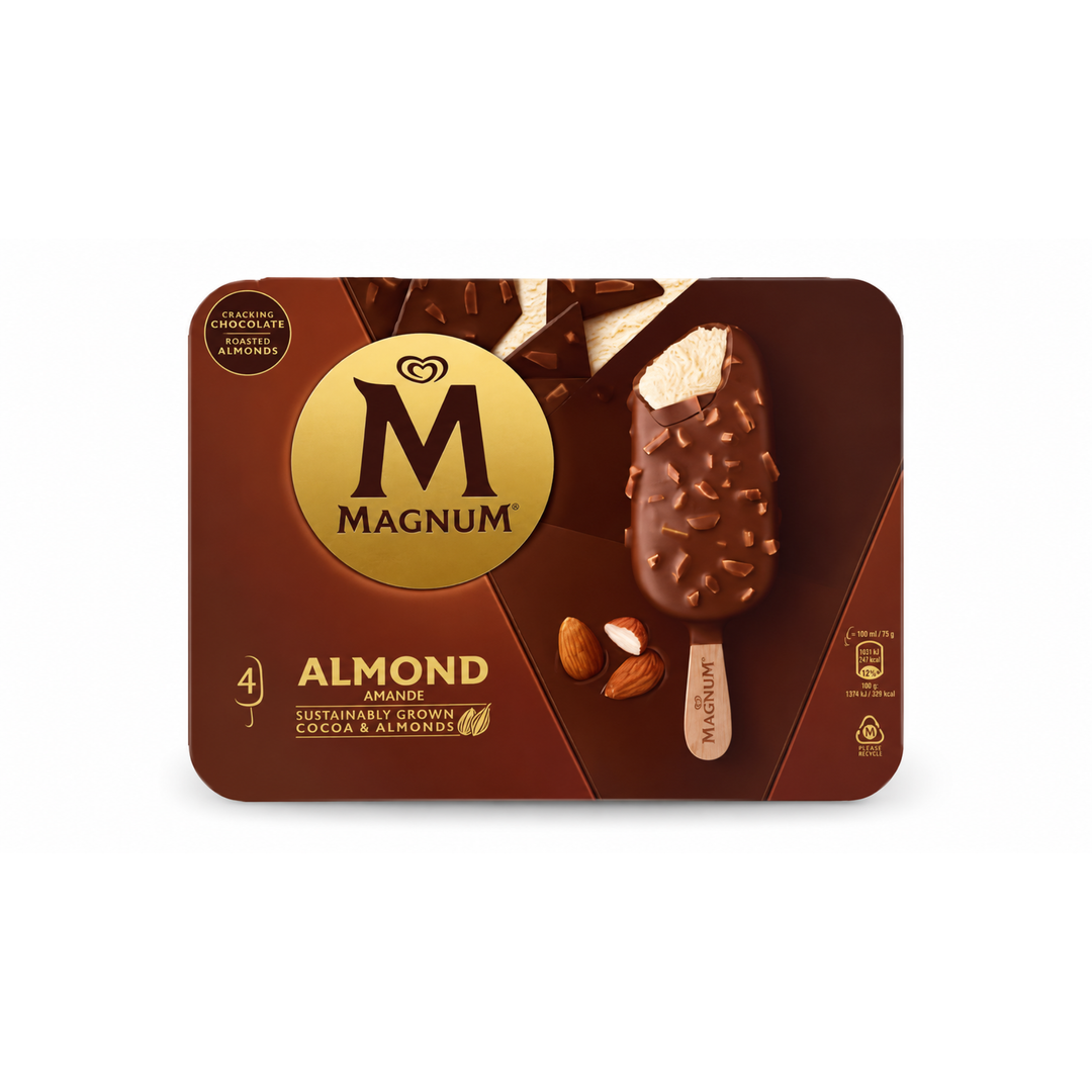 Magnum – Cocoa & Almonds – Glace Vanille Enrobée de Chocolat au Cacao Durable & Amandes – 4 x 100 ml (400 ml)