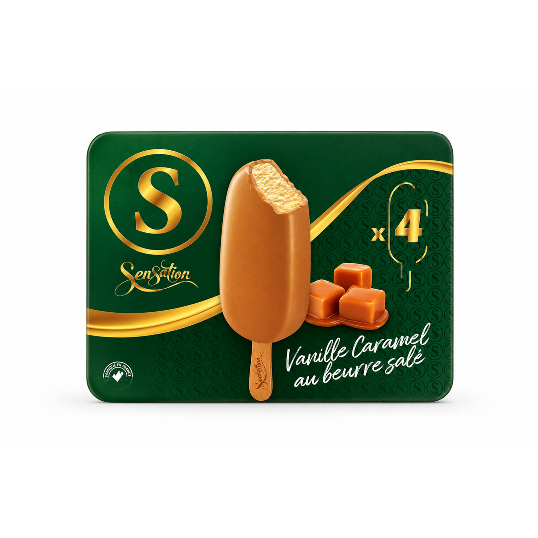Sensation – Bâtonnets de glace Vanille & Caramel au Beurre Salé – 4 x 120 ml
