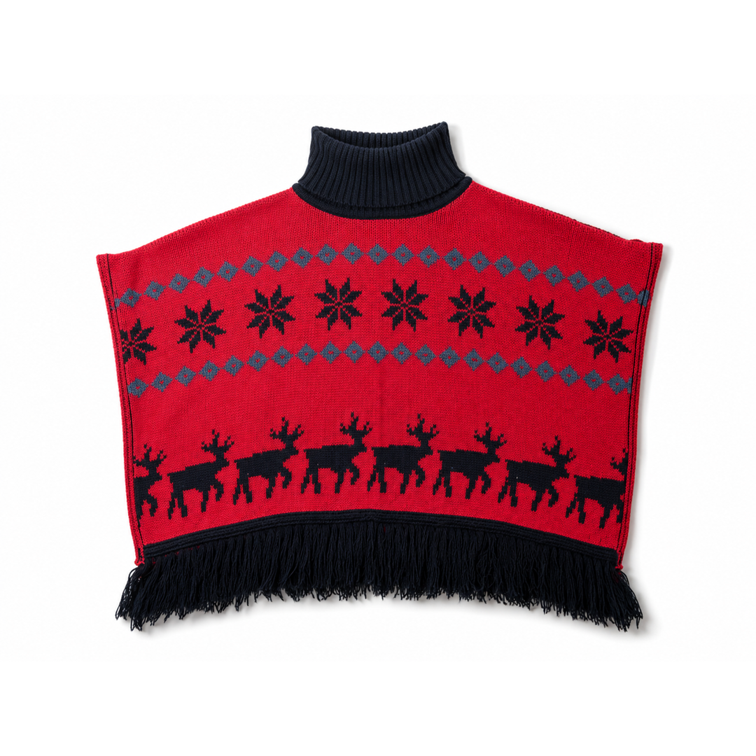 Poncho en Maille à Motifs Rennes et Flocons