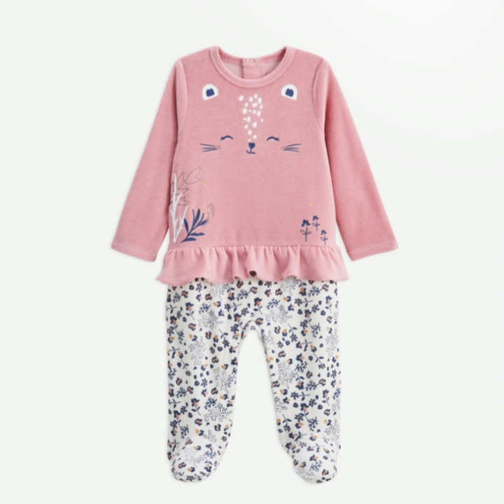 Petit Béguin – Pyjama Bébé en Velours Céleste – Écru/Rose - 9 Mois