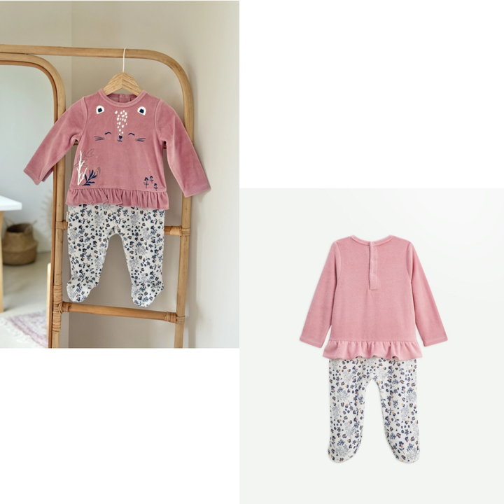 Petit Béguin – Pyjama Bébé en Velours Céleste – Écru/Rose - 9 Mois