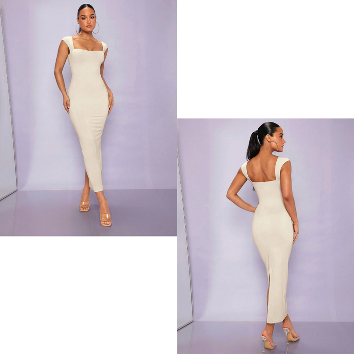 Silquee – Robe Moulante Unicolore à Col Carré – Taille M