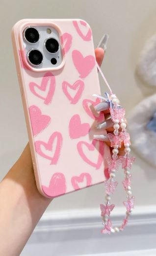 Coque de téléphone choc avec cordon, design esthétique avec décoration coeurs rose bonbon - iPhone 13