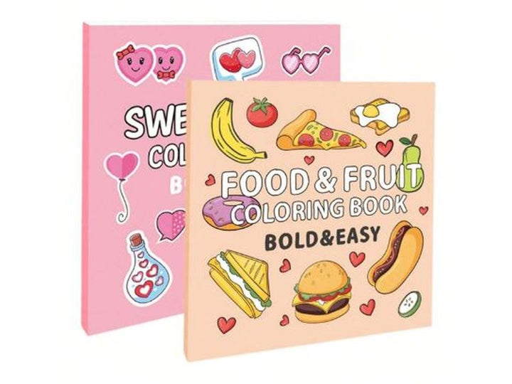 2 Livre de coloriage avec 40 pages de nourriture de dessin animé, de fruits, de cœurs sucrés et de motifs d'amour