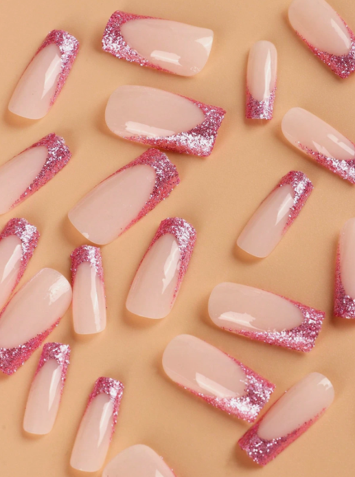 Faux Ongles Longs Carrés Rose Pailleté – Lot de 24 à Coller Dialy - DAKAR 