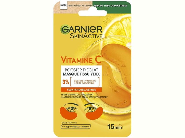 Masque en tissu illuminant pour les yeux Garnier SkinActive à la Vitamine C. Disponible en 60 min à Dakar sur Dialy.







