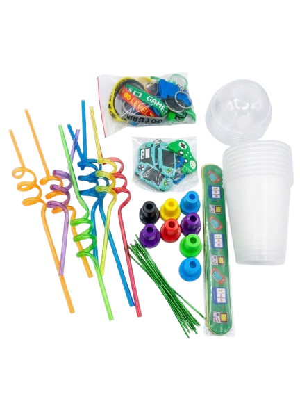 Accessoires de Fête Gaming – Kit avec 8 Gobelets, Pailles Fantaisie, Attaches, Bracelets Thématiques et Porte-clés