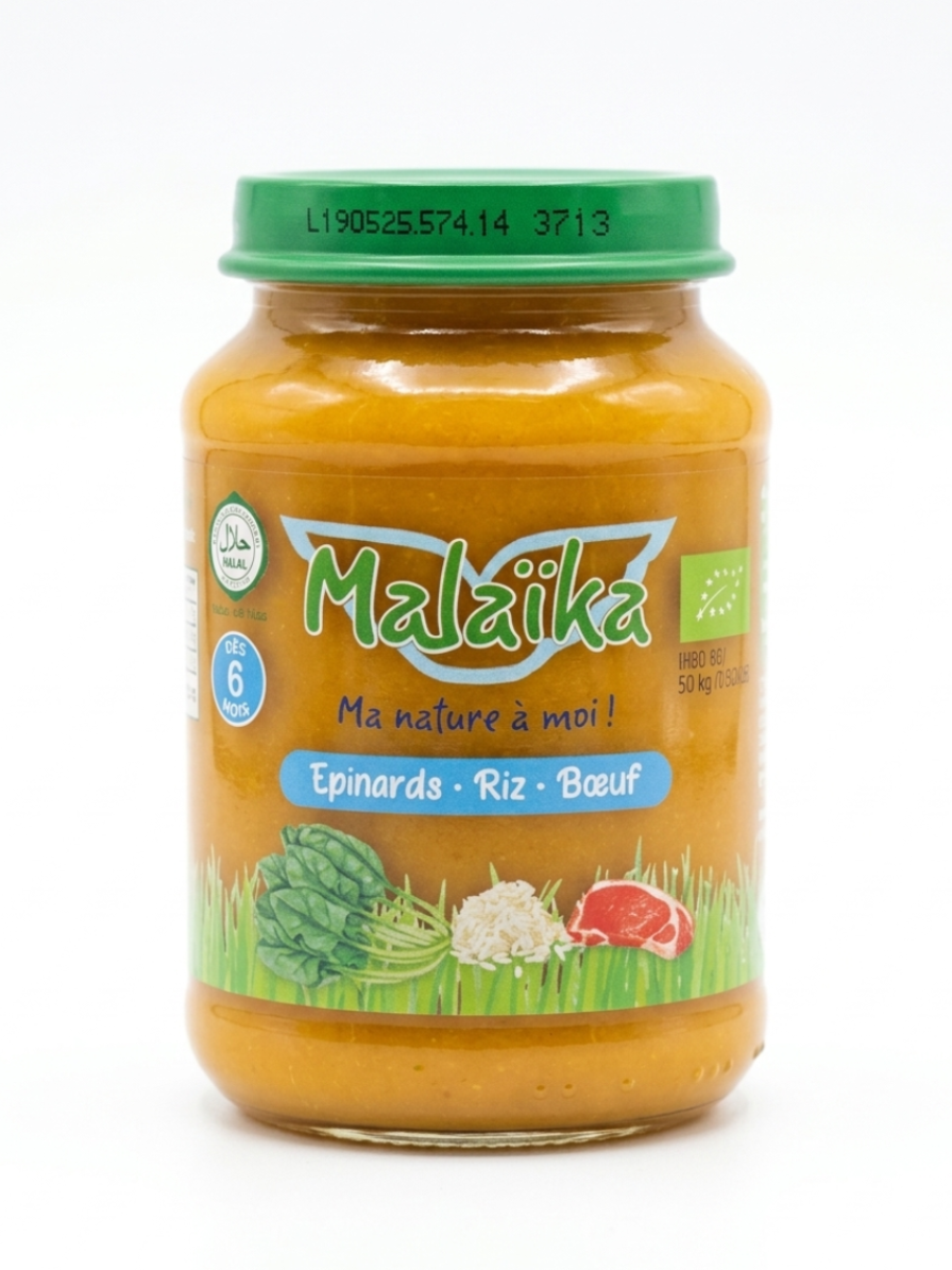 Malaïka – Pot pour bébé Sans gluten - Épinards, Riz & Bœuf – Dès 6 mois – 190 g