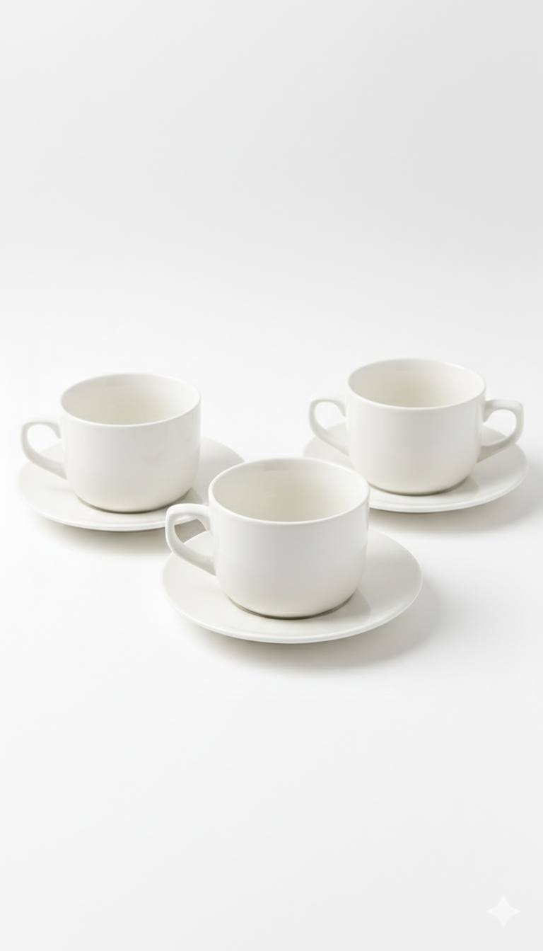 Fine Porcelain - Service de Tasses et Sous-tasses Blanc - Paquet Noir – 12 Pièces